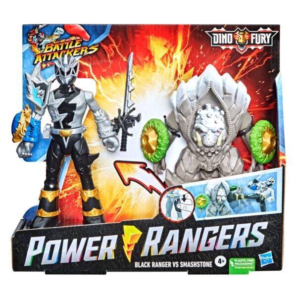 HSF3065-Power Rangers Dino Fury Battle Attackers 2-Pack Black Ranger vs. Smashstone Kicking Action Figures