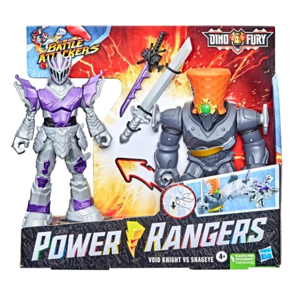 HSF2936-Power Rangers Dino Fury Battle Attackers 2-Pack Void Knight vs. Snageye Martial Arts Kicking Action Figures
